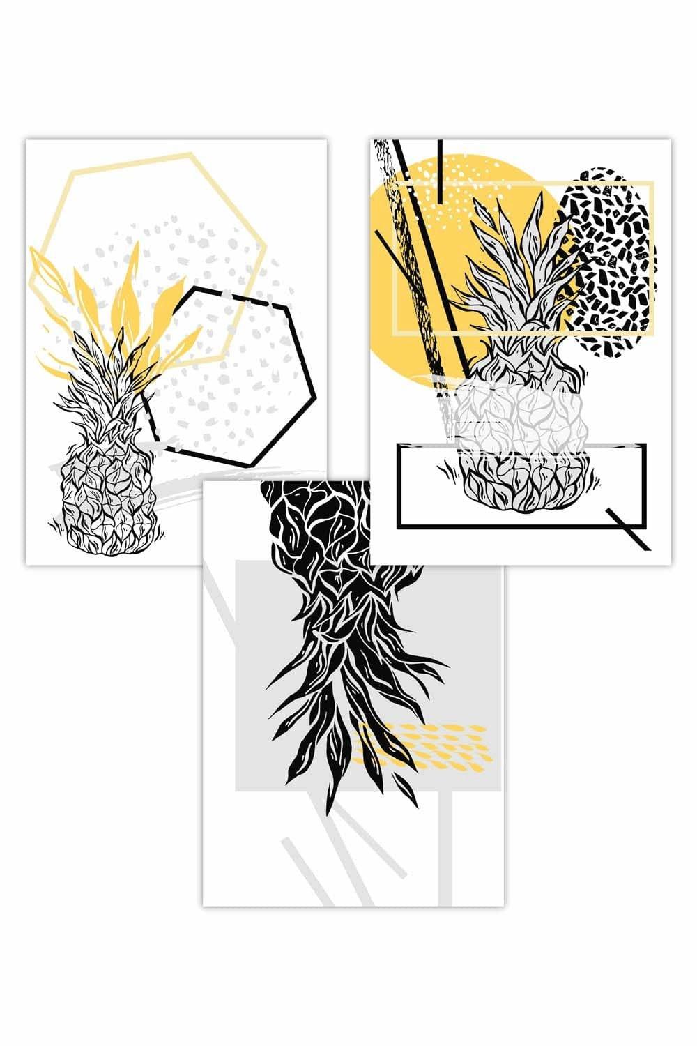 Set of 3 Graphical Line Art Pineapple in Yellow and Black Art Posters